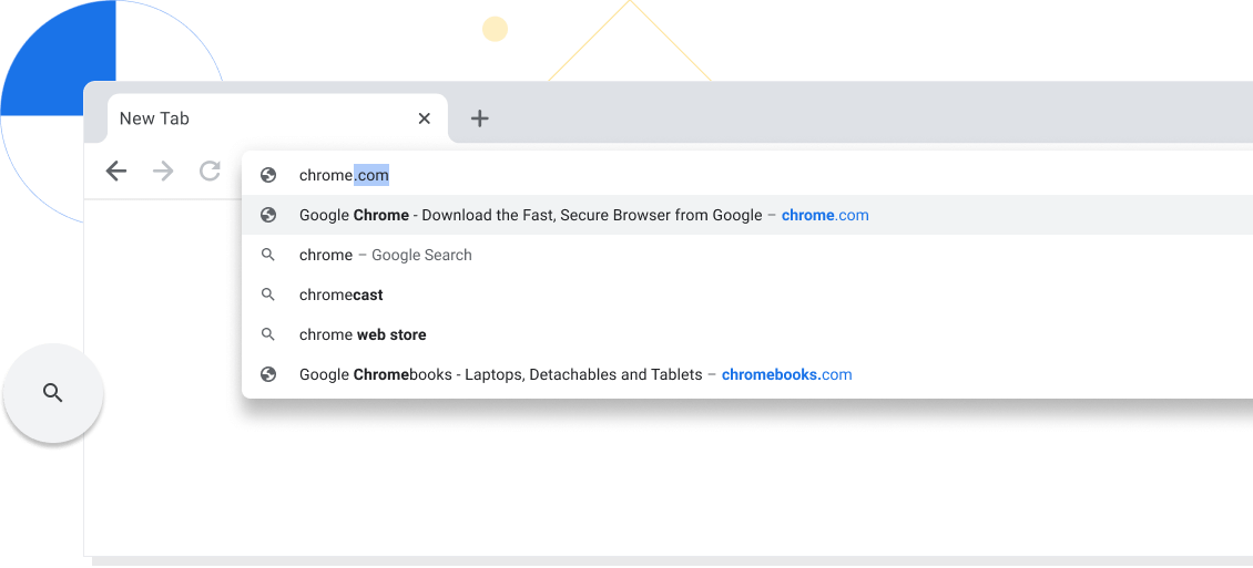 Увећани приказ нове картице у прозору Chrome прегледача, при чему је chrome.com унето у поље за адресу.