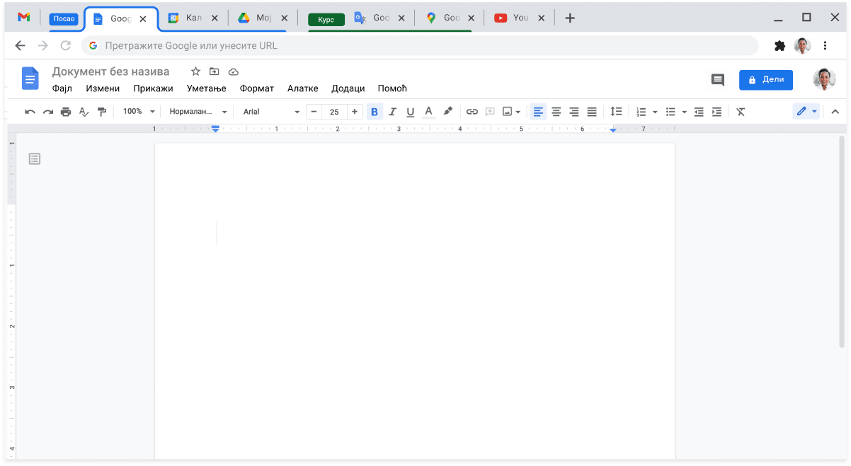 Прозор Chrome прегледача у ком се приказује комбинација различитих картица у групи картица.